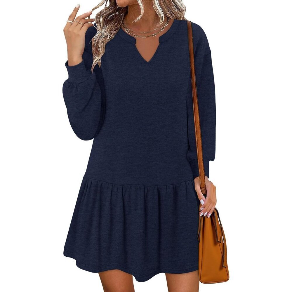 Womens Sweatshirt Dress Patchwork Long Sleeve Cozy Fall Casual Mini Dress